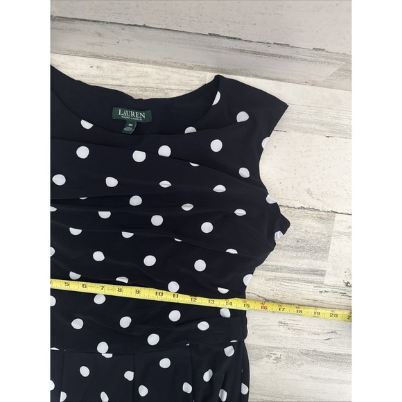 Lauren Ralph Lauren Black White Polka Dot Dress Sz 12P Ruched Flounce Skirt - Picture 5 of 6